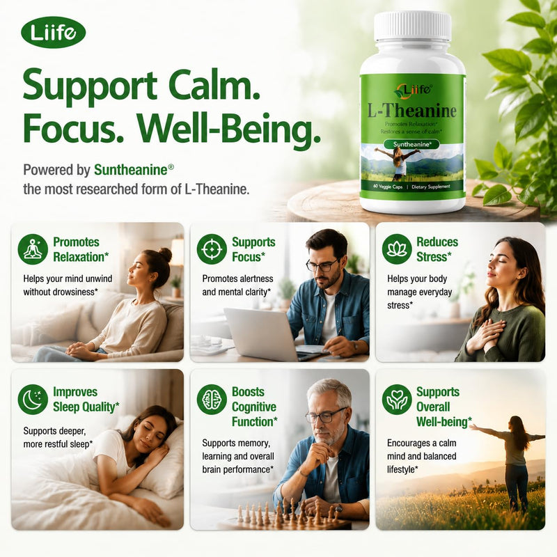 LIIFE L-Theanine (Suntheanine®) with GABA & Magnesium | 60 Veggie Capsules | With black pepper extract, supports healthy stress response, relaxation and focus, aids natural brain alpha-wave production