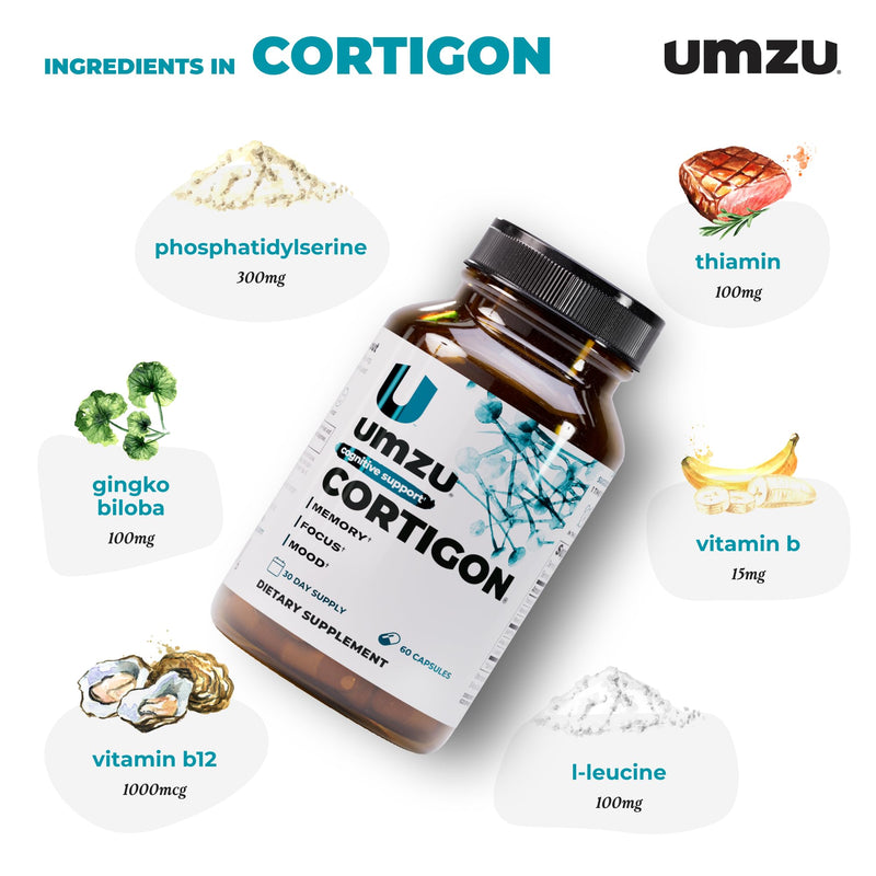 UMZU Cortigon Cortisol Support Supplement, 30 Day Supply | Ginkgo Biloba, Phosphatidylserine, Vitamins B6 and B12, Healthy Stress Response, Mood, Focus and Cognitive Support