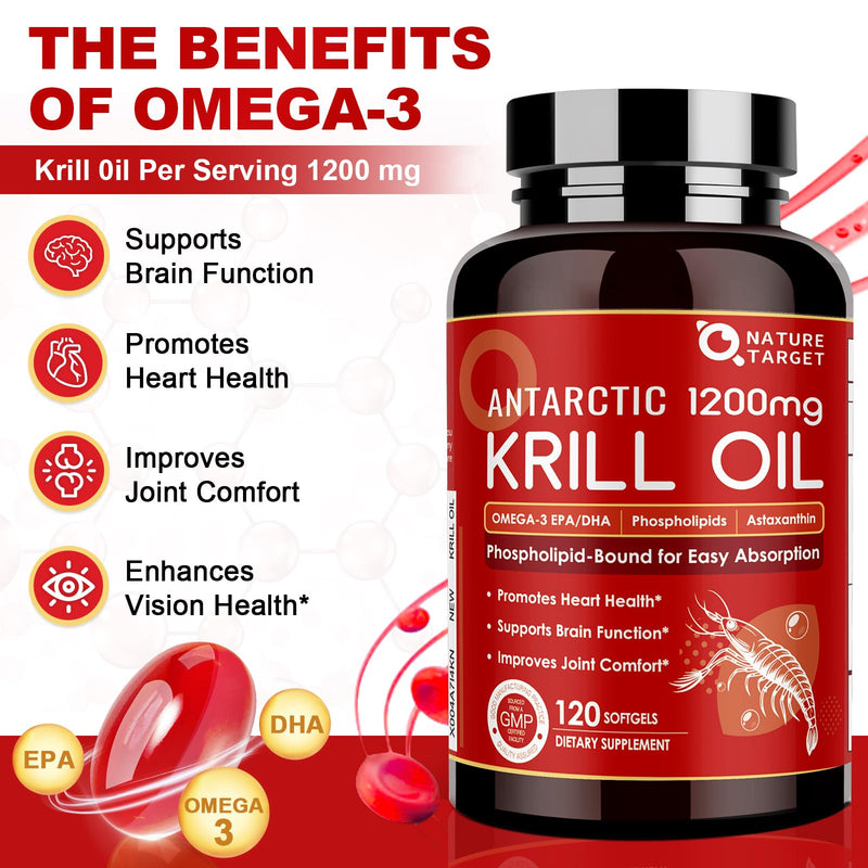 NATURE TARGET Krill Oil 1200mg with Omega-3 EPA & DHA with Astaxanthin, Phospholipids & Choline - Supports Heart, Brain, Join Health, Non-GMO, Gluten Free, 120 Softgels (60 Servings) 120 Count (Pack of 1)