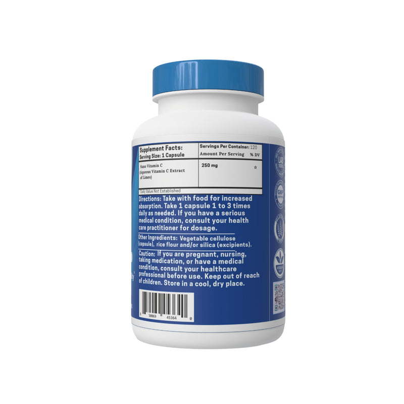 One Planet Nutrition Nano Vitamin C 250 mg Capsules (120 Count) - Nano Particle Size Ascorbic Acid from Lime Extract for Max Absorption - Supports Immune Health & Collagen Production - Non GMO, Vegan