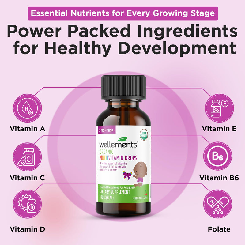Organic Liquid Baby Multivitamin Drops Cherry Flavor (1 Fl Oz) 2 Months+ | Multivitamins Drops for Infants & Toddlers - Toddler Vitamins for Immune Support*, Healthy Growth & Bone Development*