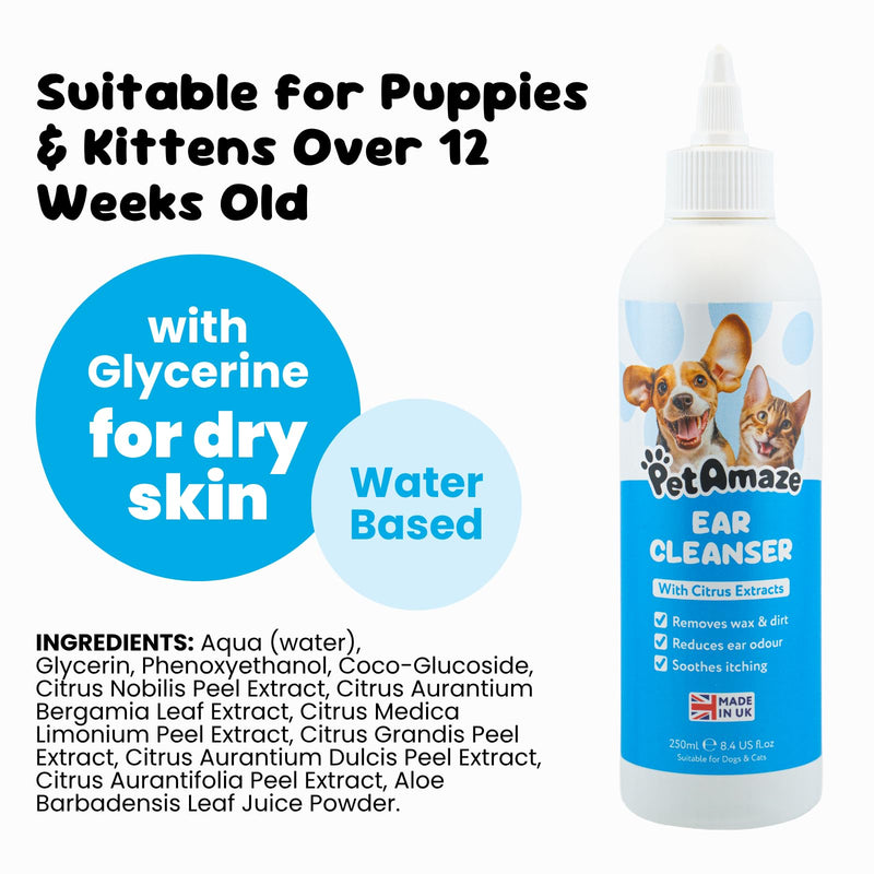 Natural Ear Cleaner for Dogs & Cats, with Citrus Extracts, Cleans, Deodorises & Soothes Itchy Ears, Removes Wax Build Up, Non-Toxic, Alcohol-Free Formula, Made in UK - 250ml