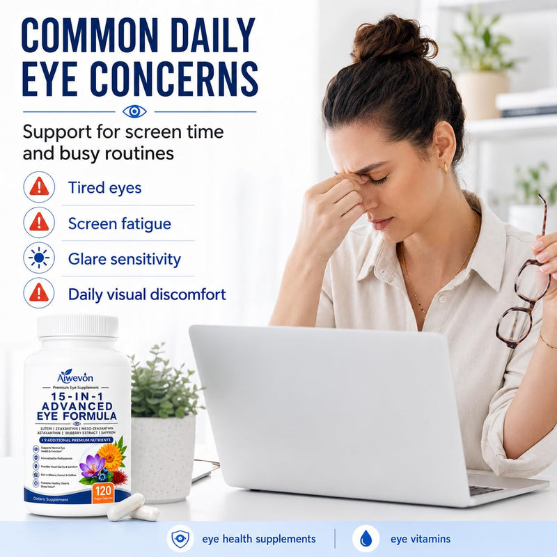 15 in 1 Advanced Eye Formula, Eye Vitamins Supplement with Lutein Zeaxanthin Meso Zeaxanthin, Bilberry Extract & Saffron, Eye Health Support Capsules for Adults, Daily Vision Nutrition, 120 Count