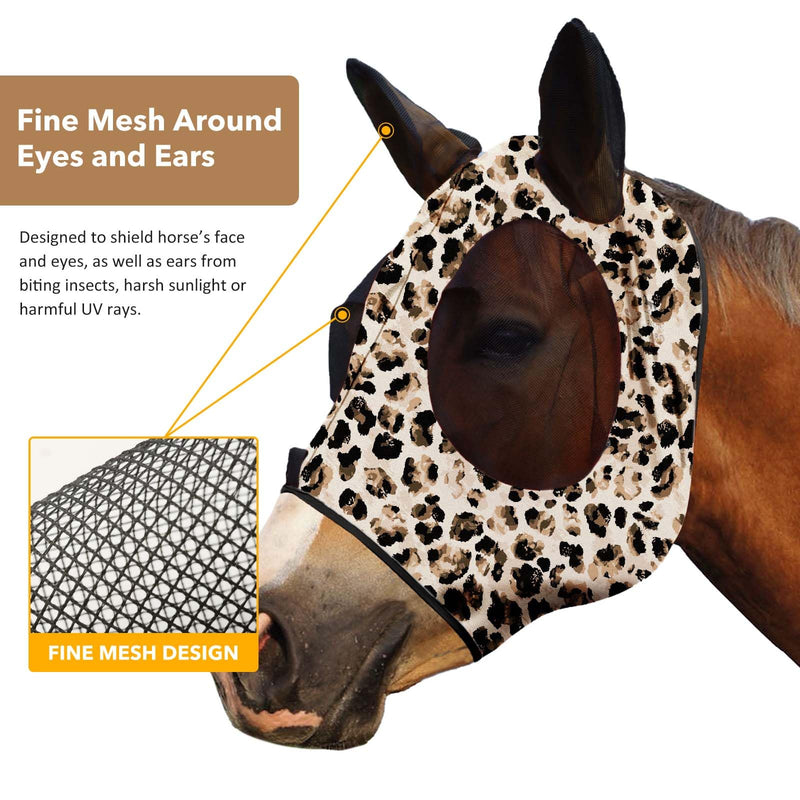 Harrison Howard Super Comfort Stretchy Fly Mask Large Eye Space with UV Protection Soft on Skin with Breathability Leopard Print Full Size Full(Large) - BeesActive Australia