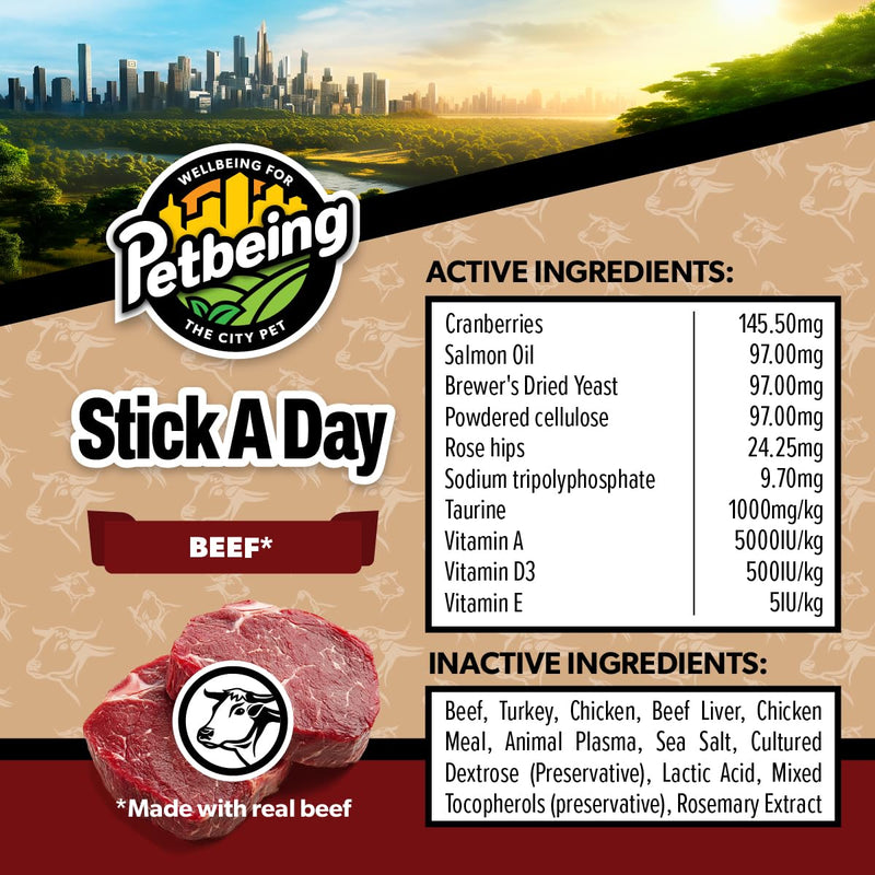 Stick a Day | Specially Formulated 7-in-1 Functions Daily Real Meat Supplement for Dogs | Dog Chew Stick & Pet Vitamins Supplements Combination (7-Pack x 4, Beef) 1 Count (Pack of 28) - PawsPlanet Australia