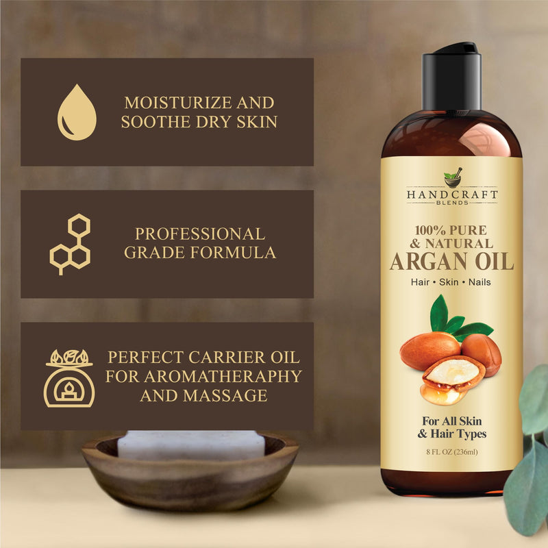 Handcraft Blends Moroccan Argan Oil - 8 Fl Oz - 100% Pure and Natural - Premium Grade Carrier Oil for Skin and Hair - Hair and Body - Massage - Cold-Pressed Argan Oil 8 Fl Oz (Pack of 1) 8 Fl Oz (Pack of 1) - BeesActive Australia