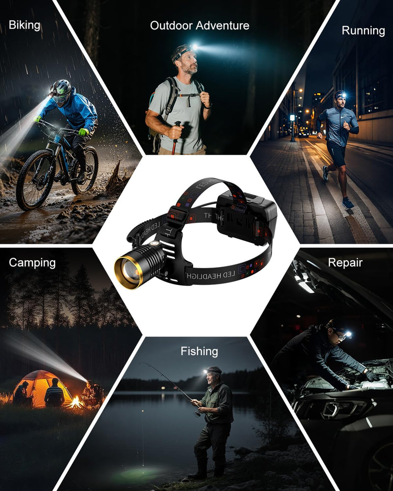 SKYFIRE Headlamp Rechargeable 3000 High Lumens, 13 Mode LED 7500mAh Head Light with Motion Sensor, Zoomable 90° Adjustable Waterproof Head Light for Adults, Camping, Hiking, Fishing, Running, Cycling Black and Gold