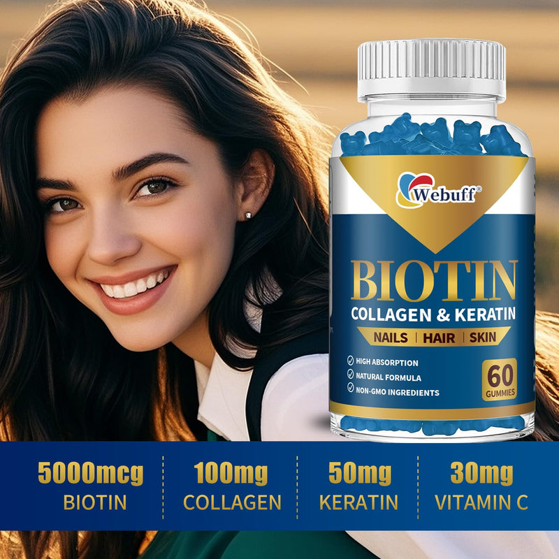 Biotin Gummies 5000mcg for Hair Growth Support - Sugar Free Multi Collagen with Keratin,Pectin Based, Hair Skin and Nails Vitamins Gummies - 60 Count 1 Count (Pack of 60)