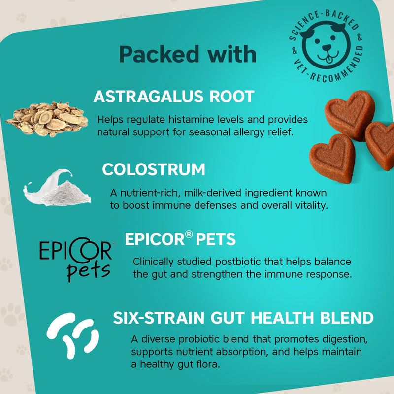Seasonal Allergy + Immune Support Dog Chews, 90 Count Oyster, for Itchy Skin and Ears, Pet Vitamins and Supplements, Dog Allergy Relief with Probiotics