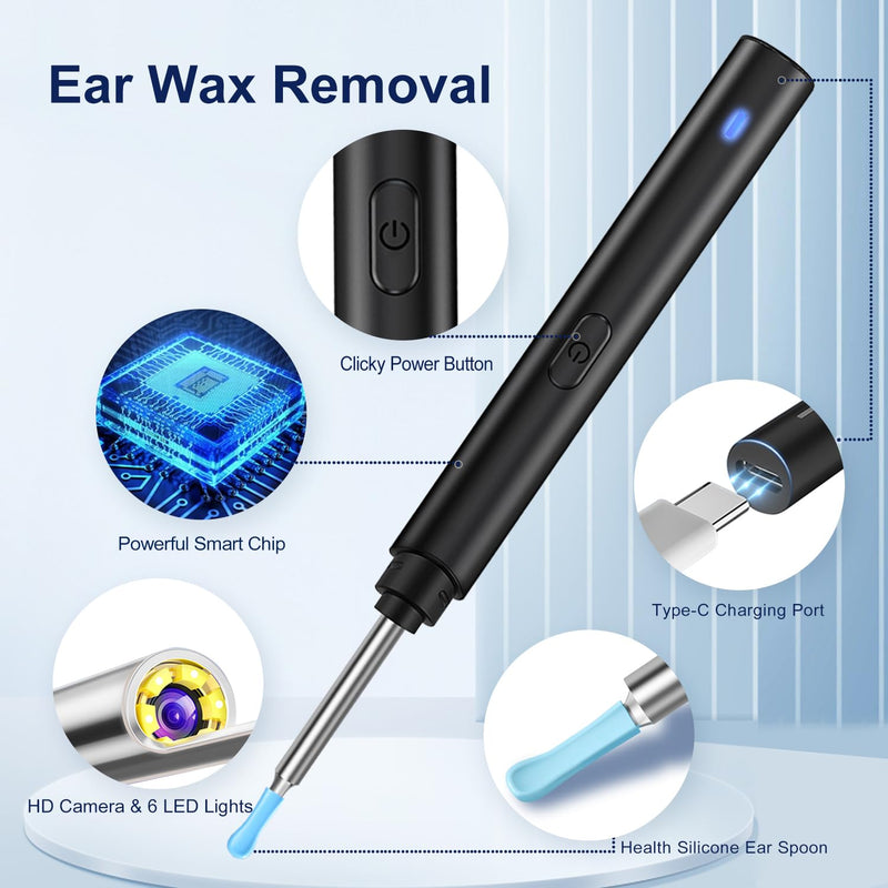 Ear Wax Removal, Ear Cleaner with Camera, Ears Wax Removal Kit with 1296P HD Ear Otoscope with 6 LED Lights, Earwax Removal Tool for iPhone, iPad & Android Smart Phones (Black, Standard) Black - BeesActive Australia
