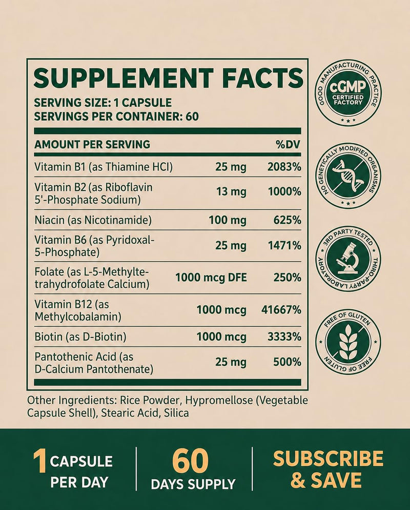 Methylated Vitamin B Complex, for Women & Men, 60 Capsules | L-5-MTHF & Methyl B12, MTHFR Support, 2.5X Absorption, Energy & Brain, Nerve Health, Vegan, Gluten Free, Keto, 60-Day Supply