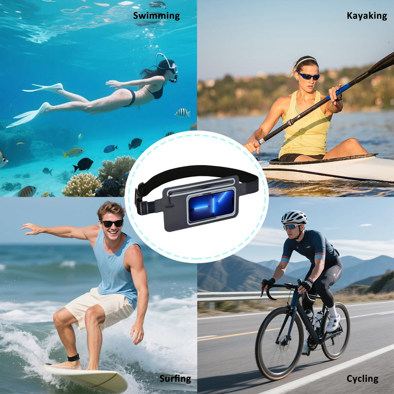 Black Fanny Pack for Women Waterproof Dry Bag for Paddle Boarding Men Kayak Snorkeling Swimming Boat Float Beach Travel,Water Proof Waist Bag Fit Phone iPhone Pro Max Running Belt Pouch Bags 02-100% Waterproof With Clear Window