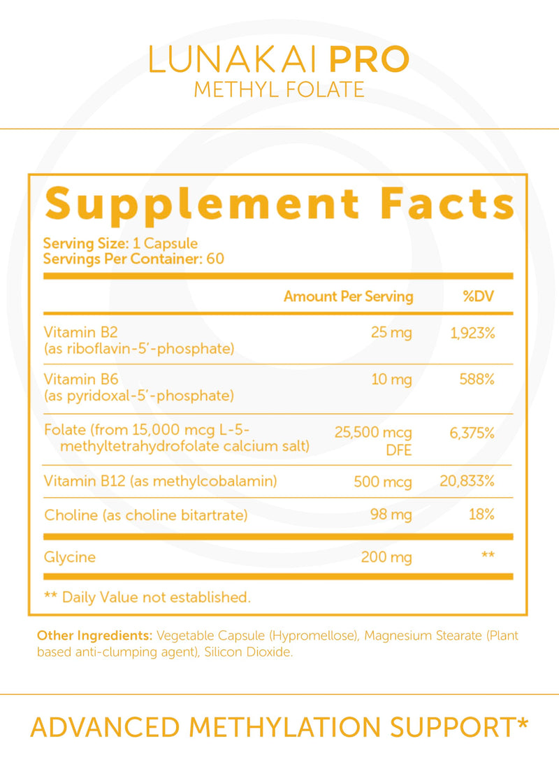 Lunakai L Methyl Folate 15mg Plus B2, B6 & Methyl B12 - Active 5-MTHF Form | USA Made, High Potency L-MethylFolate Supplement - Daily Brain, Mood & Energy Support, Non-GMO MTHFR, 60 ct
