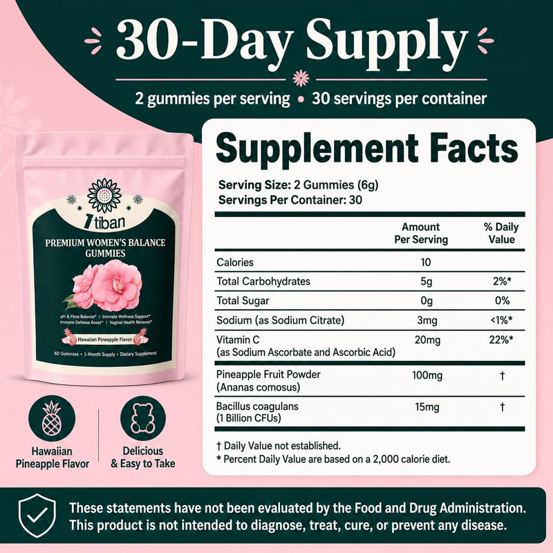 Pineapple Gummies for Women pH Balance, Feminine Probiotics for Vaginigal Health, Nutrition Feminine Gummies, Immune Support, Vegan, Gluten-Free, Hawaiian Pineapple 60 Gummies 30 Servings Pink