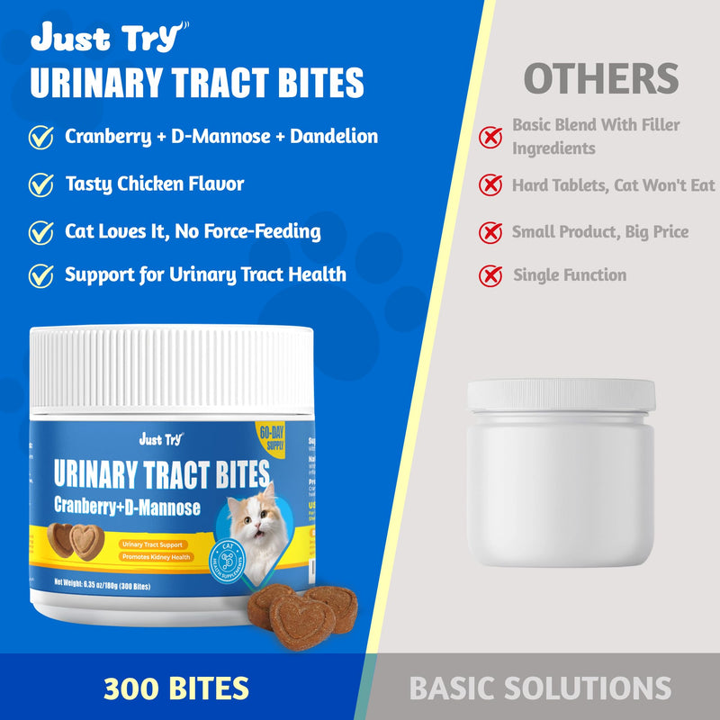 Just Try 300 Bites 6.35 oz Urinary Tract Bites for Cats - Cranberry & D Mannose Formula for Bladder Health - Prevent UTI & Promote Urinary Comfort - Grain Free, Natural Ingredients Cat Supplements Urinary Health