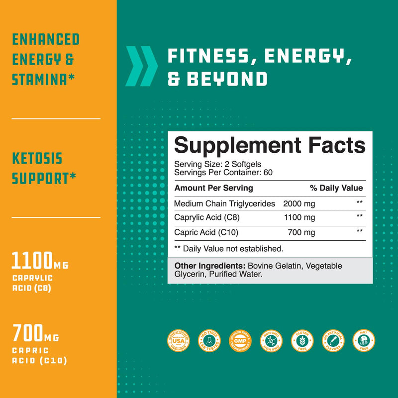 C8 MCT Oil Softgels - Medium Chain Triglycerids MCT Coconut Oil Supplement with Caprylic/Capric Triglycerides for Body Sculpting, Enhanced Energy & Stamina - Keto Supplements for Weight Loss - 120 Ct - BeesActive Australia