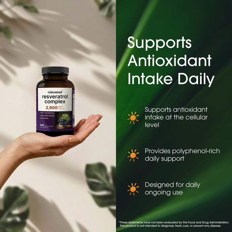 NatureBell Resveratrol Complex - 240 Vegetarian Capsules - Made with Resveratrol, NAD, Glutathione & More - Healthy Aging & Antioxidant Support - Heart, Brain & Immune Wellness*