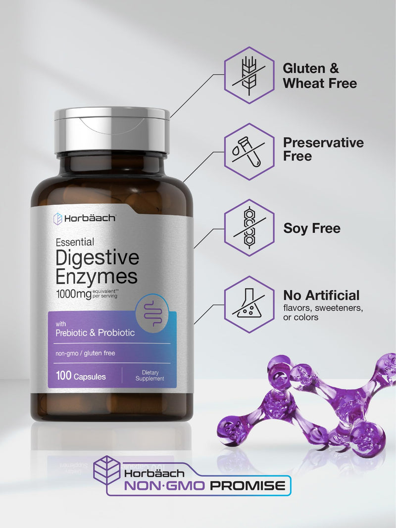 Horbäach Essential Digestive Enzymes | 100 Capsules | Enzyme Blend for Men & Women | Non-GMO & Gluten Free Supplement