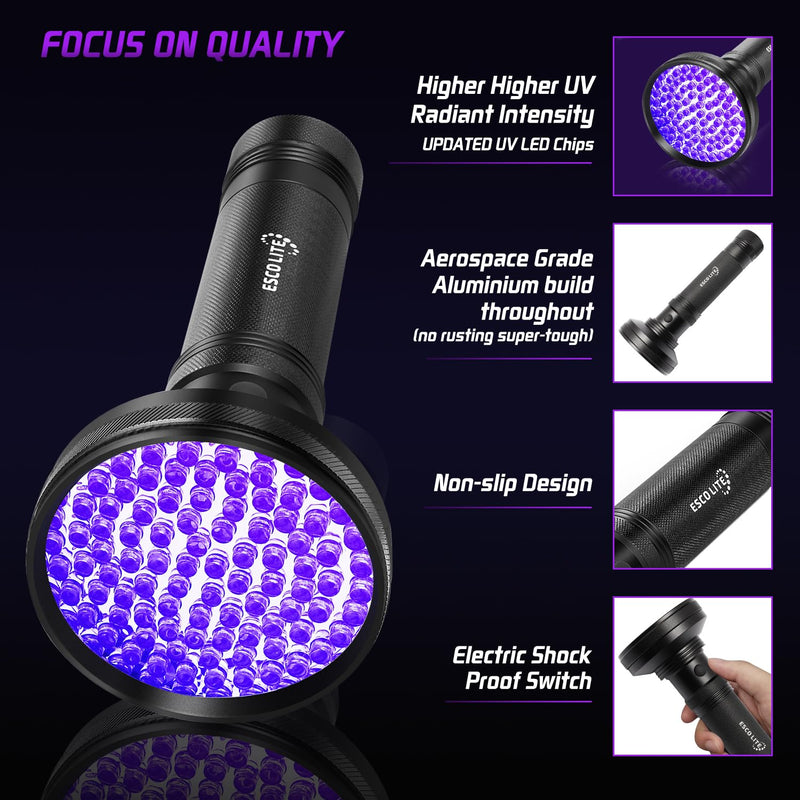 Escolite UV Flashlight Black Light, 100 LED 395 nM Ultraviolet Flashlights UV blacklight Detector for Dog Urine, Pet Stains and Bed Bug, Matching with Pet Odor Eliminator - BeesActive Australia