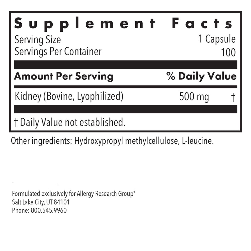 ARG Kidney Beef Freeze-Dried Glandular Supplement, 100 Vegicaps | Lyophilized Bovine Kidney Organ Extract for Renal and Fluid Balance Support, Hypoallergenic, 100 Servings