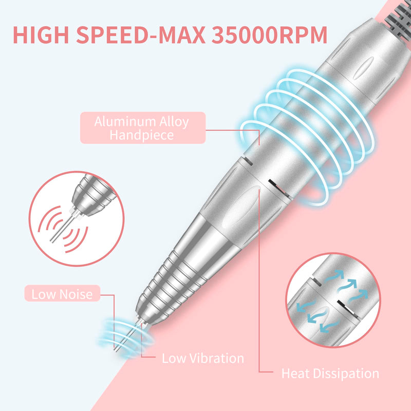 MOCOWIND Portable Nail Drill Professional 35000 RPM, Rechargeable Electric Nail File Machine Cordless E-File for Acrylic Gel Polishing Removing with Bits Kit for Manicure Salon Home, Pink - BeesActive Australia