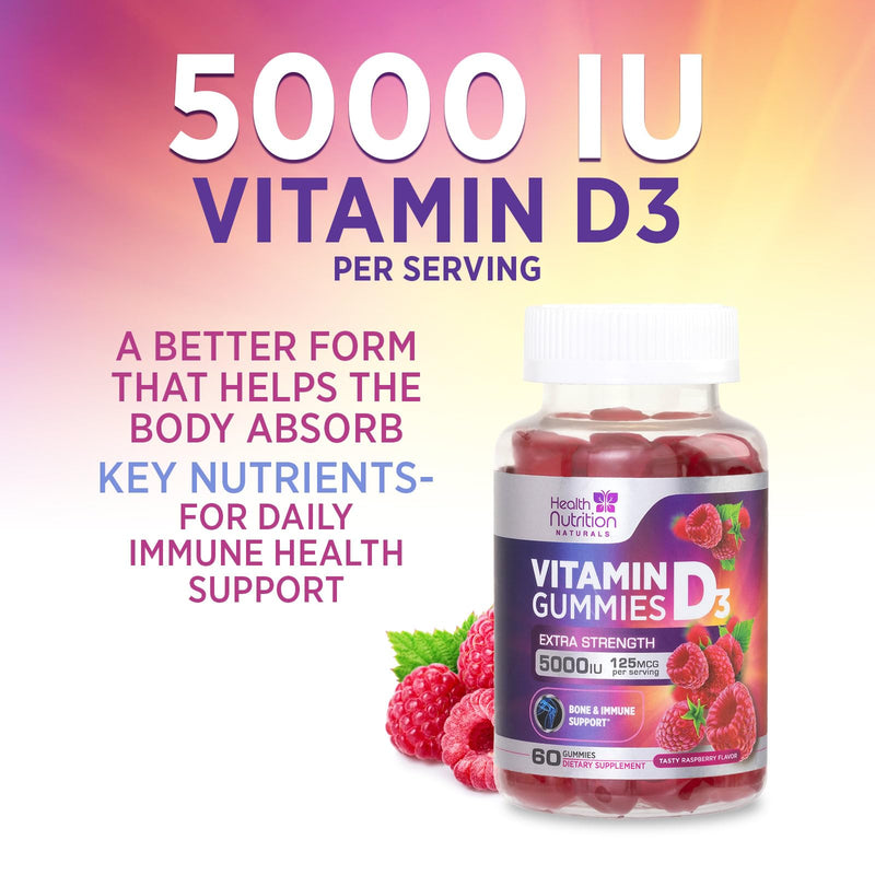 Vitamin D3 Gummies 125 mcg (5000 IU) Per Serving - 3X Strength Immune Support & Bone Support, Vitamin D Gummy Dietary Supplement, Nature's Berry D Vitamin Supplement, Raspberry Flavored - 60 Gummies 60 Count (Pack of 1)