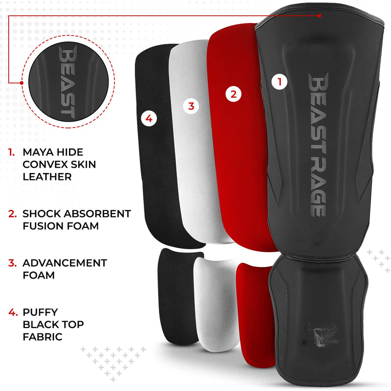 BEAST RAGE MMA Martial Arts Shin Guards for Kickboxing Adjustable Muay Thai, Padded Martial Arts Shin Pads Leg Guard with Instep Sleeves MMA Training BJJ Karate Boxing Taekwondo BLACK Large