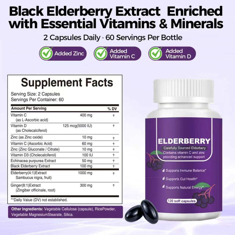 Black Elderberry Immune & Gut Support Complex - with Zinc, Dual-Source Vitamin C, Vitamin D3, Echinacea & Ginger - Daily Immune Defense, Digestive Comfort, 120 Capsules 60 Count (Pack of 1)