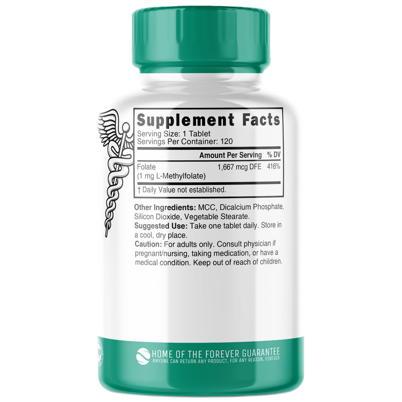 Nutri 5-MTHF L Methylfolate 1MG - 4 Month Supply, 120 Vegan Tablets - Methylated Folate Supplement - Cognitive Function, Heart Health, Prenatal Support - 3rd Party Tested - NSF Certified Facility 120 Count (Pack of 1)