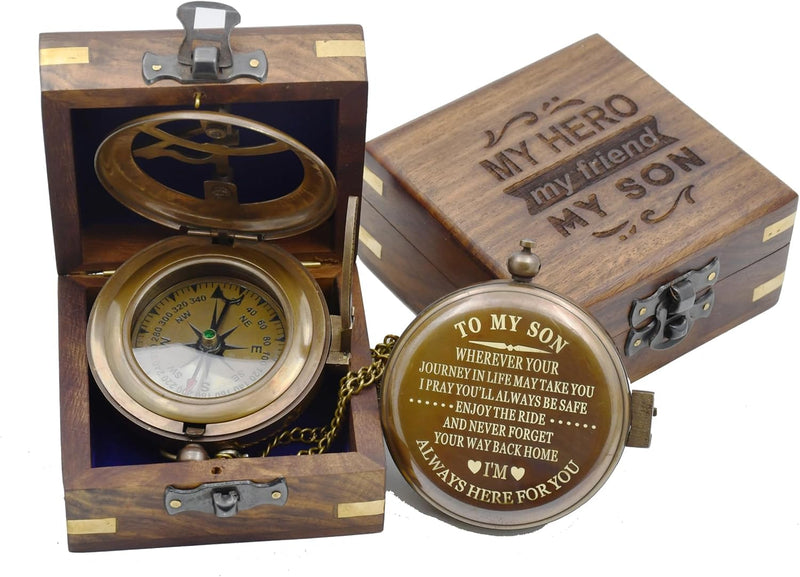 Son Gifts Mom and Dad, to My Son Compass Comes Grain Leather Case Brass Nautical - Personalized Sundial Compass, Birthday Gifts, Graduation Gifts Wooden Box - BeesActive Australia
