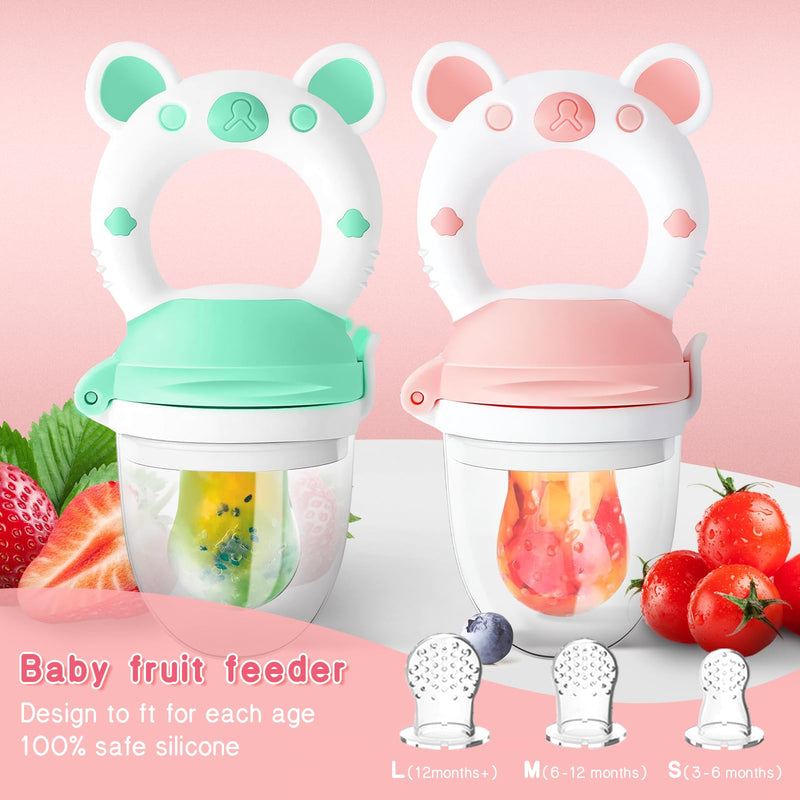 Baby Fruit Feeder with with 2 Extra Teats, Toddler Eating Essentials, BPAFree Feeding Supplies, Silicone Fresh Food Feeder for Safe Infant Self Feeding (Bear- Blue Pink) Q Bear - Blue Pink - BeesActive Australia