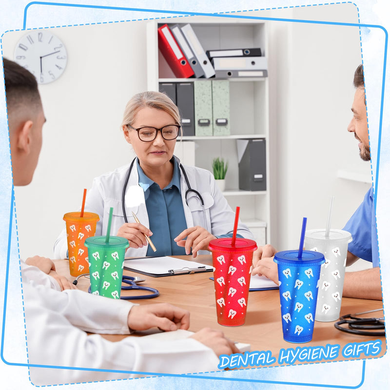 Reallnaive 20 Pcs Dental Teeth Plastic Tumblers with Straw and Lids Bulk