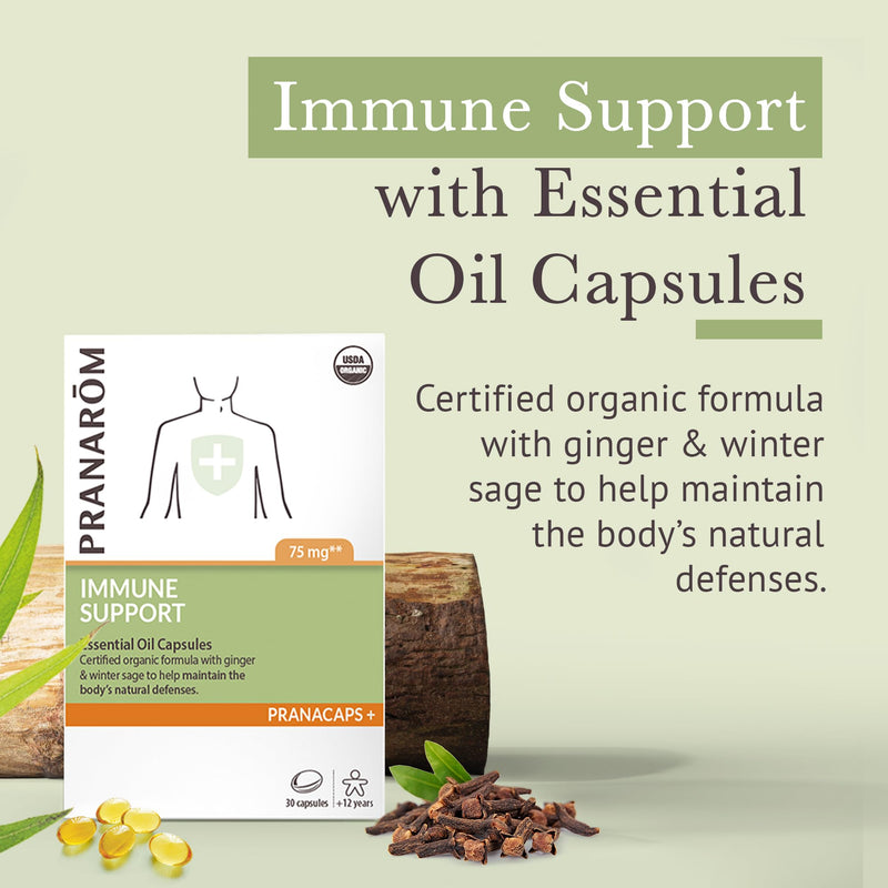 Pranarom Immune Support Pranacaps | Ginger and winter savory essential oil capsules to help maintain the body's natural defenses. Certified organic ingredients.