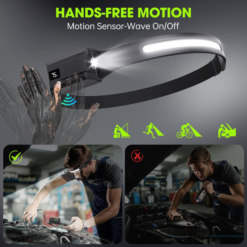 3Pcs Rechargeable Headlamp with Adjustable & Removable Spotlight, LED Waterproof Headlight, Headband Light, Motion Sensor Hands-Free,Head lamp Band, Super Bright, 6 Modes for Running,Fishing,Hiking Black 3Pack