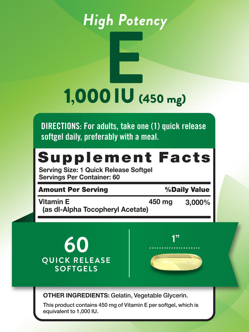 Nature's Truth Vitamin E Softgels | 1000 IU | 60 Count | Non-GMO & Gluten Free Supplement 60 Count (Pack of 1) - BeesActive Australia