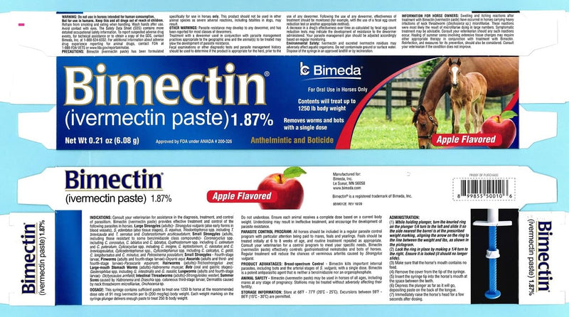 BIMECTIN IVERMECTIN 1.87% Paste WORMER PARASITES Apple Horse OTC (1 Tube)