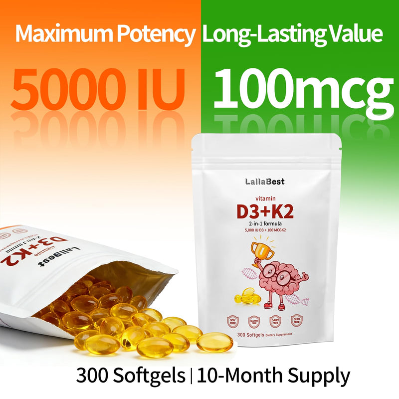 Vitamin D3 10000 iu Plus K2 (MK-7) 200 mcg, Virgin Coconut Oil Softgels| 2 in 1 Vitamins D & K Complex,Supports Calcium Absorption, Bone, Immune, & Heart Health*