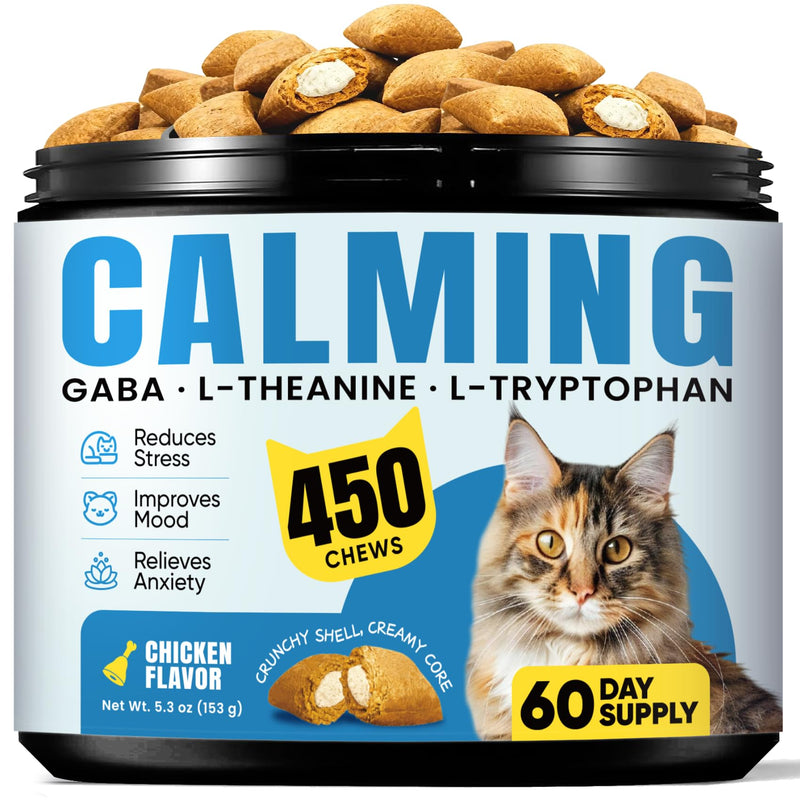 Calming Cat Treats with GABA for Anxiety Relief - Calming Cat Chews Help Reduce Stress & Promote Relaxation, Melatonin for Cats for Grooming, Travel, Vet Visits & Separation Anxiety - Chicken Flavor chicken - 450 ct