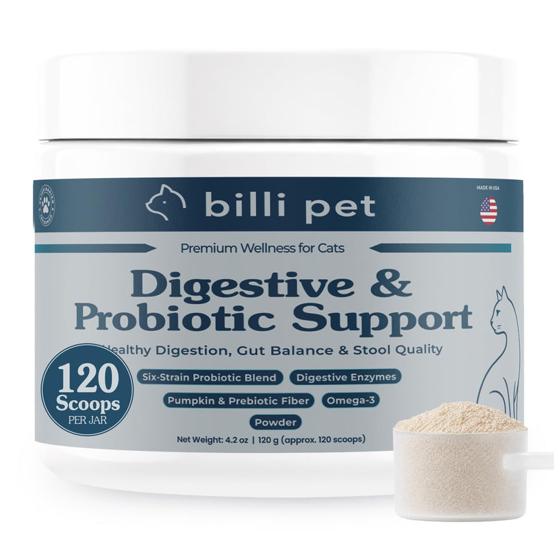 Cat Probiotic Powder for Cats with 6-Strain Probiotic Blend, Digestive Enzymes, Pumpkin Fiber & Omega-3 — Digestive & Gut Health Supplement, 4.2 oz, 120 Scoops