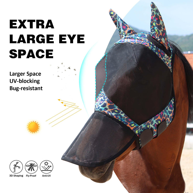 Harrison Howard Pro LumiVista Horse Full Face Fly Mask Large Eye Space Long Nose with Ears UV Protection for Horse Iridescent Prints M Medium - BeesActive Australia