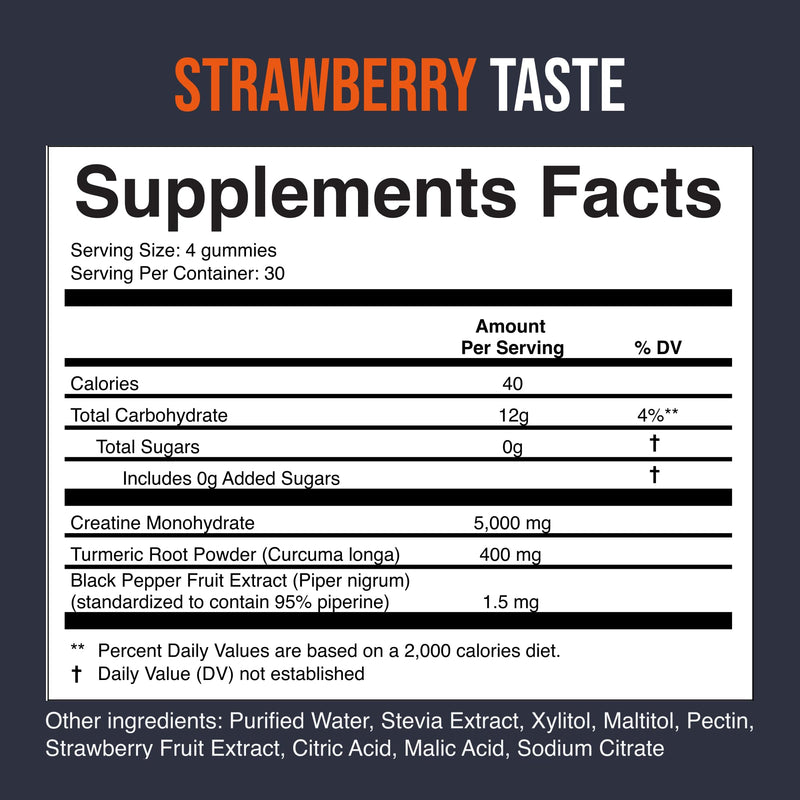 Creatine Monohydrate Gummies 5000 mg, Strawberry Flavor, 120 Sugar-Free Vegan Chews, Creatine Supplement for Daily Routine 120 Count (Pack of 1) Monohydrate - Strawberry - BeesActive Australia