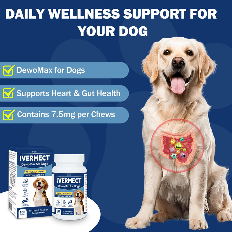 lvermect Tablets for Dogs 7.5mg – 100 Chewable Tablets for Gut Health & Digestive Support, Monthly Wellness Supplement for Small Medium Large Dogs, Support Immune Balance & Comfortable Digestion