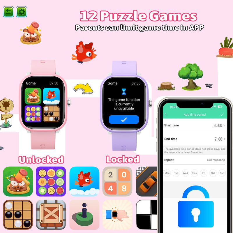 Smart Watch for Kids Girls Boys No APP/Phone Needed, 1.8" IP68 Waterproof Sport Kids Watch Pedometer, Heart Rate, Sleep Monitor, Step Counter, 12 Puzzle Games for Girls Boys Teens 6-16 Pink - BeesActive Australia