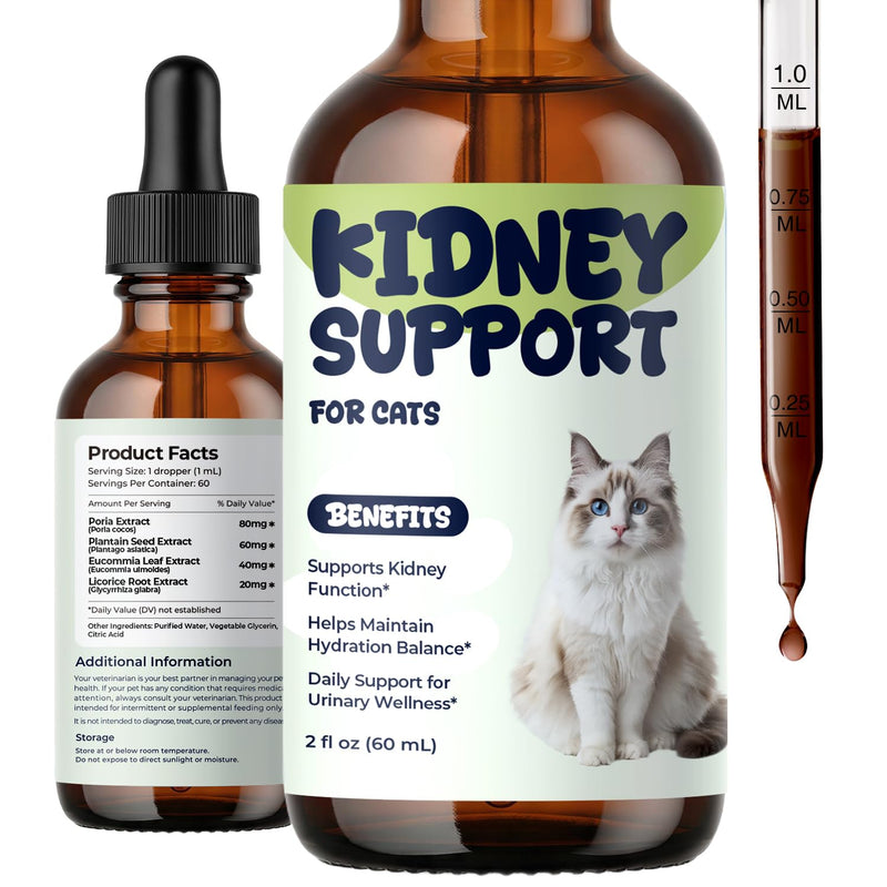 Cat Kidney Support for Cats, Kidney & Urinary Support Liquid Drops, Helps Maintain Hydration Balance, Appetite & Daily Comfort for Cats with Changing Drinking & Urination, 2 fl oz
