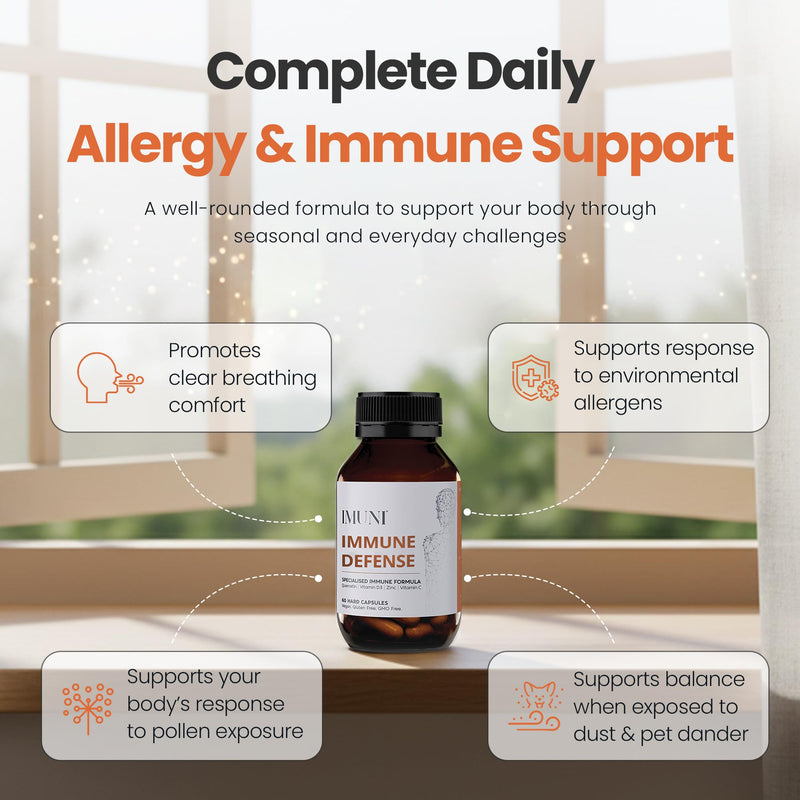 IMUNI Allergy Support & Immune Defense | Quercetin Supplement | Seasonal Allergy Support | Supports Histamine Balance | Daily Immune Support | Vitamin C, Zinc & Herbal Formula | 60 Vegan Capsules