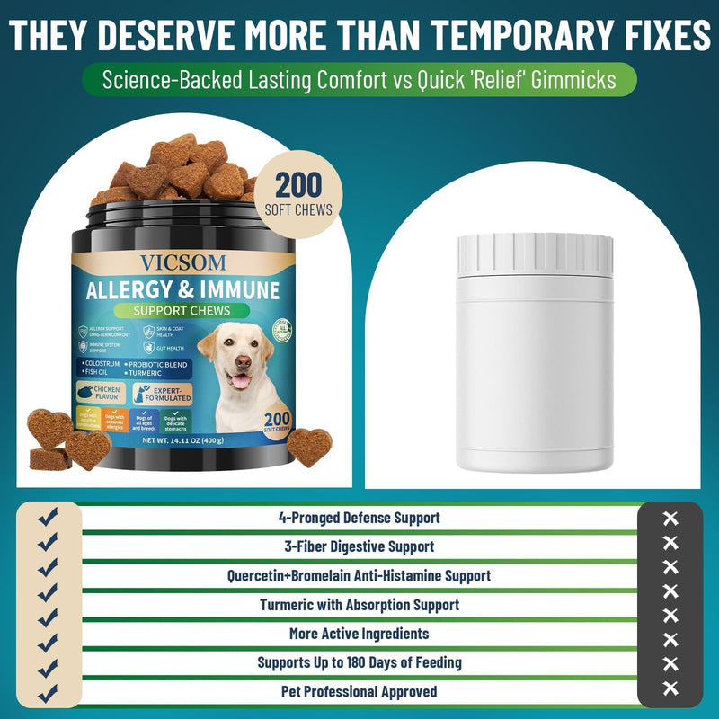 Dog Allergy Chews, 200 Dog Itching Skin Relief Chews, Immune & Seasonal Allergy Support, Paw Licking, Skin & Coat Support, Gut & Digestive Health, Dogs Allergy Relief, Chicken Flavor
