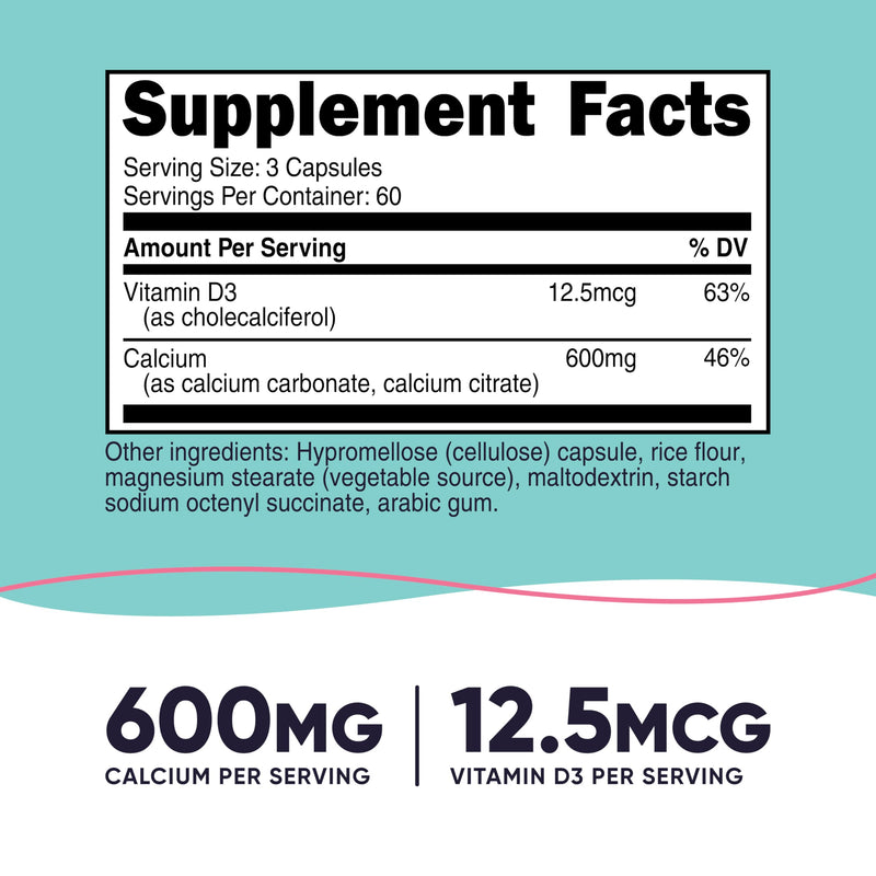 Nutricost Calcium (600mg) + Vitamin D3 (12.5mcg) for Women, 180 Capsules | Vegan, GMO-Free, Gluten-Free, 60 Servings