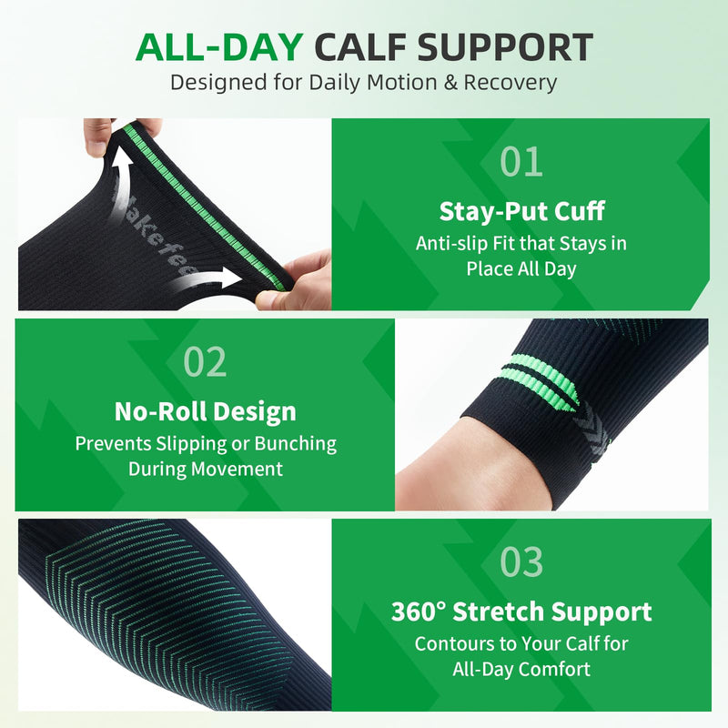 3 Pairs Calf Compression Sleeve for Men and Women, Leg Compression Sleeve for Running, Hiking, Sports S/M Black Green+Woody - BeesActive Australia