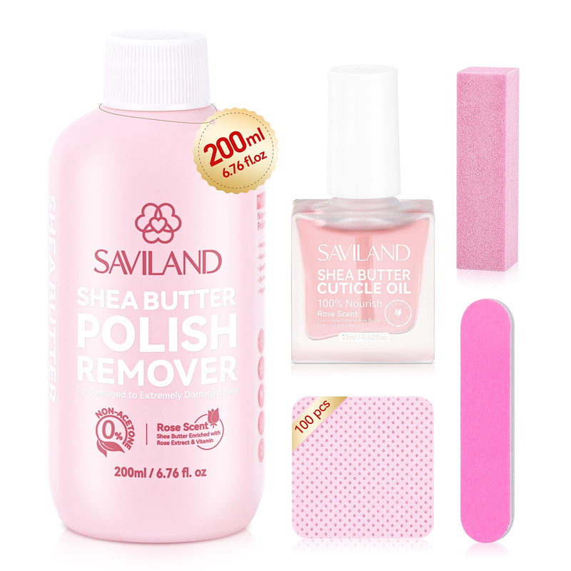 SAVILAND Plant-Based Nail Polish Remover Kit: 6.76 fl.oz Non Acetone Fingernail Polish Remover Shea Butter Nail Remover with Castor Oil VE Cuticle Oil & Nail Removal Tools for All Nail Polish Types Pink-1
