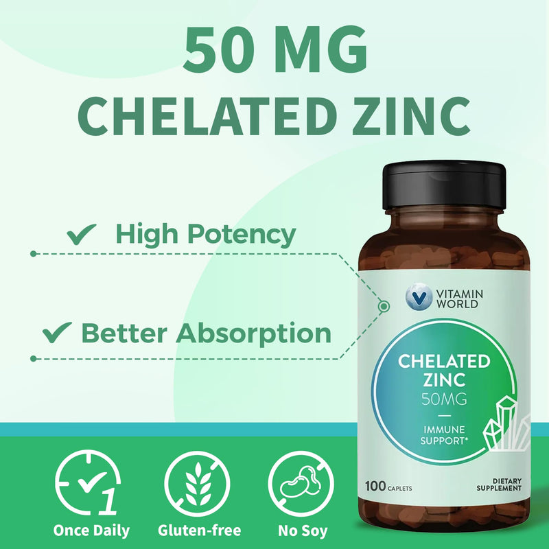 Vitamin World Chelated Zinc 50 mg, 100 Caplets | High Potency & Well Absorbed Chelated Zinc Supplement, Supports Immune & Antioxidant Health, Gluten-Free, 100 Days Supply 100 Count (Pack of 1)